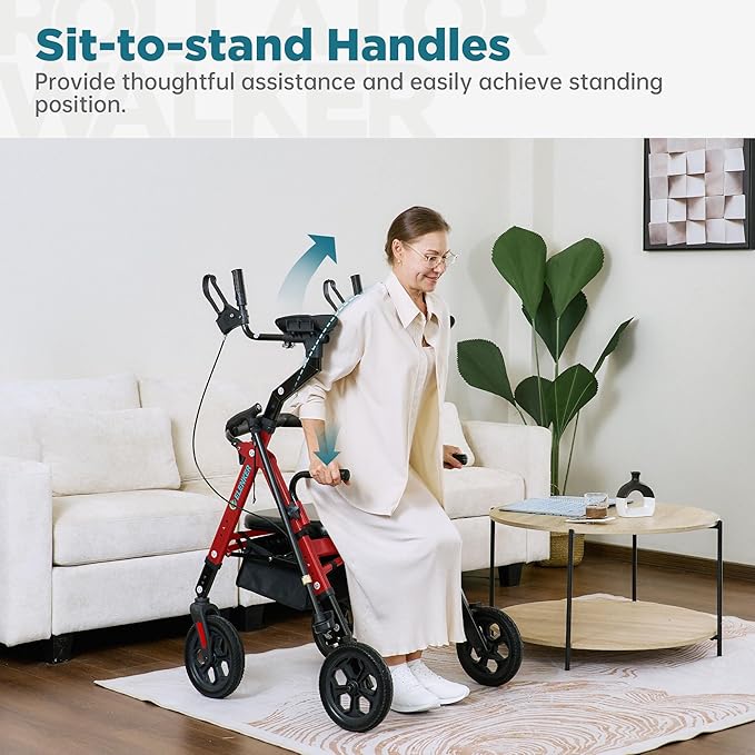 ELENKER All Terrain Heavy Duty Upright Walker with Extra Wide Seat, Foldable Aluminum Bariatric Stand Up Rolling Walker, 10” Wheels, Fully Adjustment Frame, Support up to 500 lbs for Seniors, Red