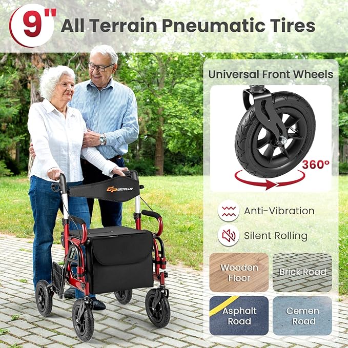 Goplus Walkers for Seniors with Seat, 2 in 1 Folding Rolling Rollator Walker & Wheelchair Combo with Brakes, 9" Pneumatic Tires for All Terrain, Aluminum Adult Mobility Walking Aid