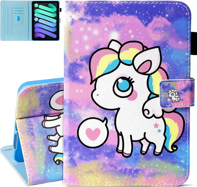 Dteck for iPad mini A17 Pro/A15 Bionic Case 8.3" 7/6th Generation 2024/2021 Release, PU Leather Protective Case with Auto Sleep Wake & Adjustable Stand, Lightweight Cute Slim Folio Cover, White Horse