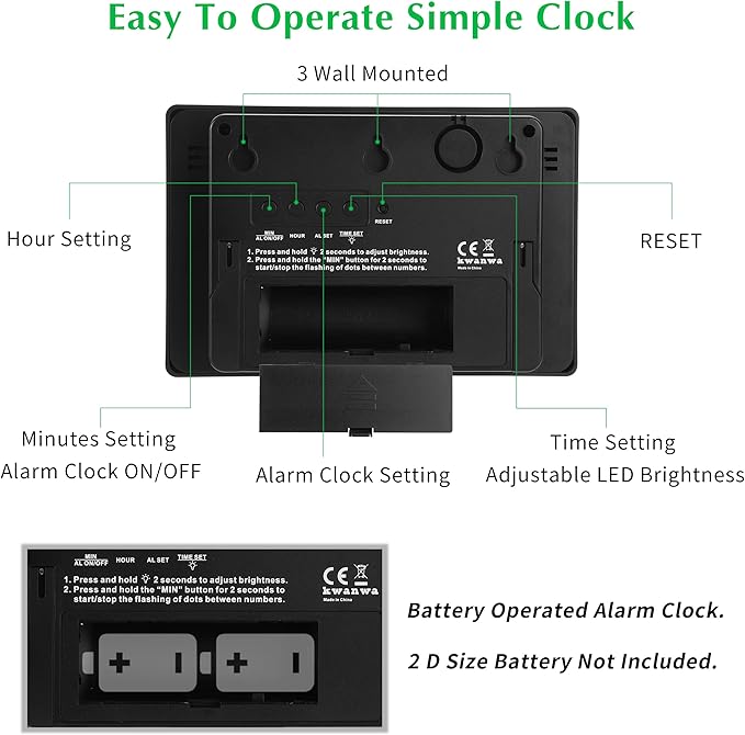 KWANWA Large Digital Alarm Clock, 3" LED Display Battery Operated, Dimmable Auto Night Mode, Easy to Read for Seniors Visually Impaired, Cordless Wall Clock or Table Clock for Bedroom Kitchen Office