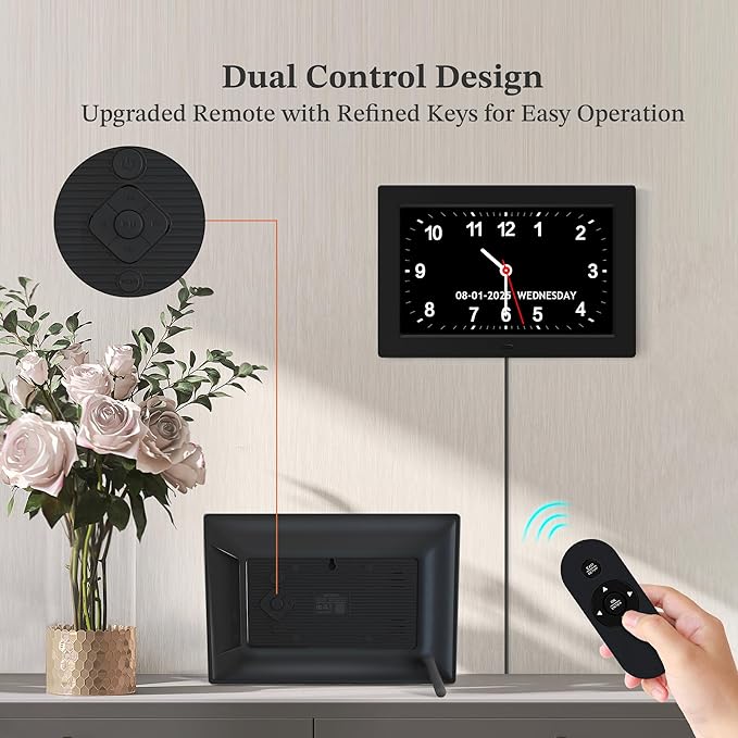 Black+White Set - 10.1'' Dementia Clock for Seniors (2-Pack), Large Digital Display with Date/Time/Day, for Elderly/Alzheimer's, HD 1280*800, 10 Reminders & 6 Alarms, Auto Dimming, Remote Control