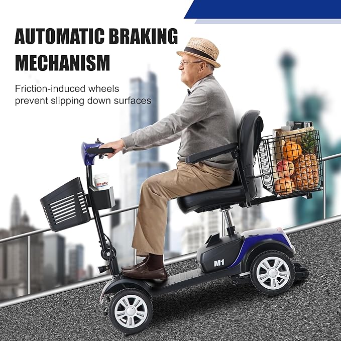 Metro Mobility 4 Wheel Foldable Mobility Scooter for Adults - 300 lbs Capacity Electric Mobility Scooters for Seniors - Long Range Power Extended Battery with Thickened Seat and Front LED Light - Blue
