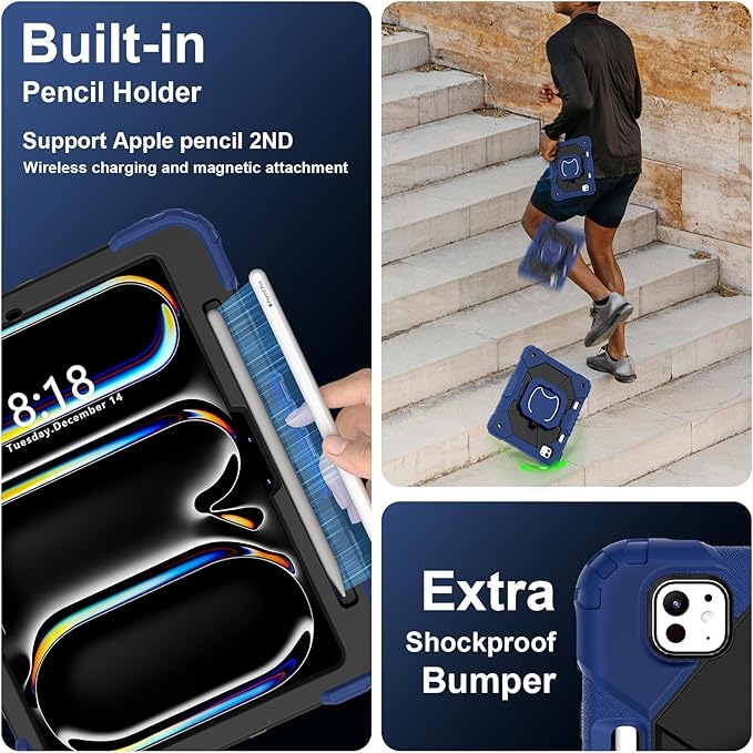 Dteck for iPad Pro 11 inch (M4/M5) 2024/2025 Release Shockproof Case with Shoulder Strap/Pencil Holder/Rotating Kickstand Handle, Heavy-Duty Sturdy Rugged Cover, Protective Tablet Shell, Blue Black