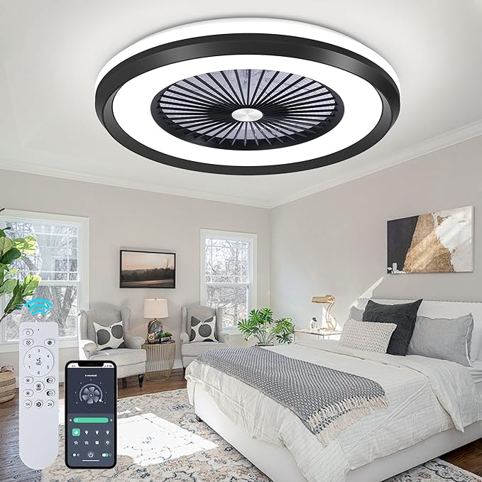 24" Low Profile Ceiling Fan with with Light, Bladeless Ceiling Fan with 3-Dimmable Light, Smart Flush Mount Ceilings Fans Lighting Remote & APP Control, 6 Speeds Timing Reversible, Black