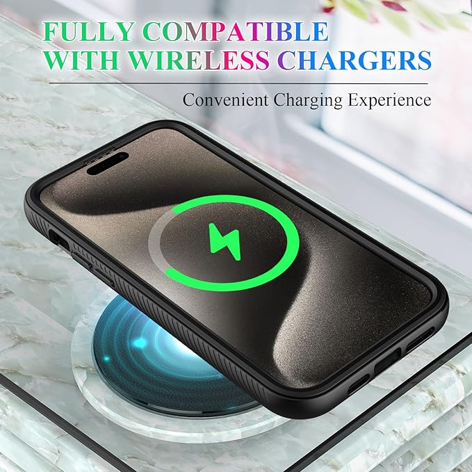 wahhle Compatible with iPhone 15 Pro Max Case, Magnetic Wireless Charging Built in Screen Protector Full Body Shockproof Slim Fit Bumper Protective Phone Cover 6.7'' Men Women-Black/Clear