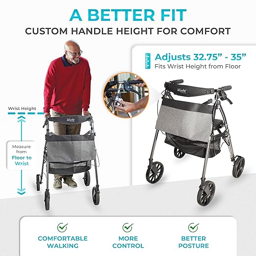 Stander Wonder Rollator Plus with 8-inch All-Terrain Wheels, Lightweight Folding Rolling Walker with Seat, Locking Brakes and Backrest, EZ Fold-N-Go-Rollator for Seniors and Adults, Black Walnut