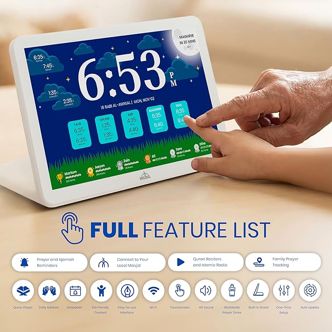 Masjidal 14-Inch Smart WiFi Digital Azan Clock Islamic Prayer Frame Touchscreen White