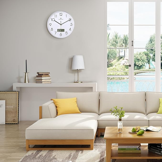 Lafocuse 12 Inch Silent Analog Wall Clock with LCD Display for Perpetual Calendar and Temperature, Digital Silver Wall Clocks with Date and Day Battery Operated Clock for Living Room Bedroom Office