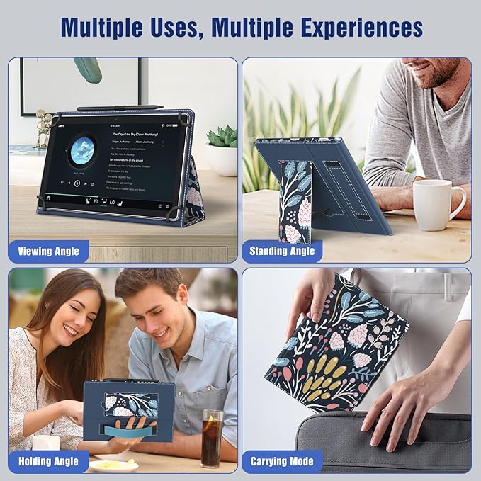 TiMOVO Universal Case for 10.1 Inch Android Tablet with Pen Loop, Lightweight Folding Stand Cover with Hand Strap for All 9.6"-11" Touchscreen Tablet, Colorful Flower