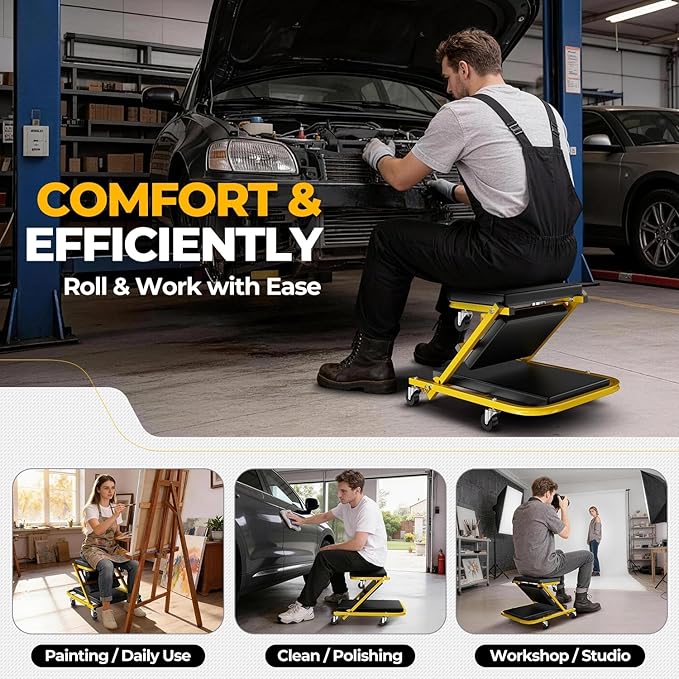 Auto Dynasty 40" Z-Creeper Seat, 2-in-1 Foldable Garage Creeper Shop Seat, 330 LBS Capacity Automotive Mechanic Repair Under Car Rolling Creeper Seat, Yellow