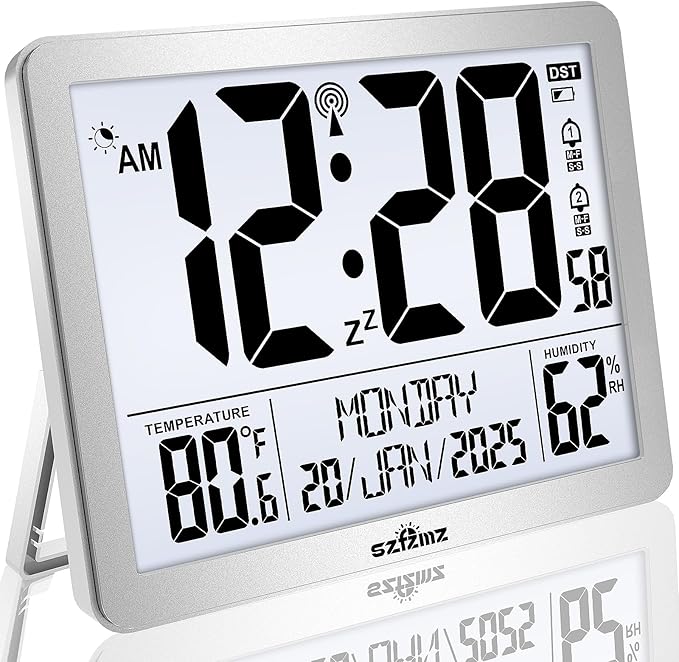 Digital Wall Clock Battery Operated with Backlight, Atomic Alarm Clocks with Indoor Temperature & Humidity for Bedrooms, Office, 8.5" Small Desk Clock with Large Display for Seniors, Auto DST, Sliver