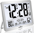 Digital Wall Clock Battery Operated with Backlight, Atomic Alarm Clocks with Indoor Temperature & Humidity for Bedrooms, Office, 8.5" Small Desk Clock with Large Display for Seniors, Auto DST, Sliver