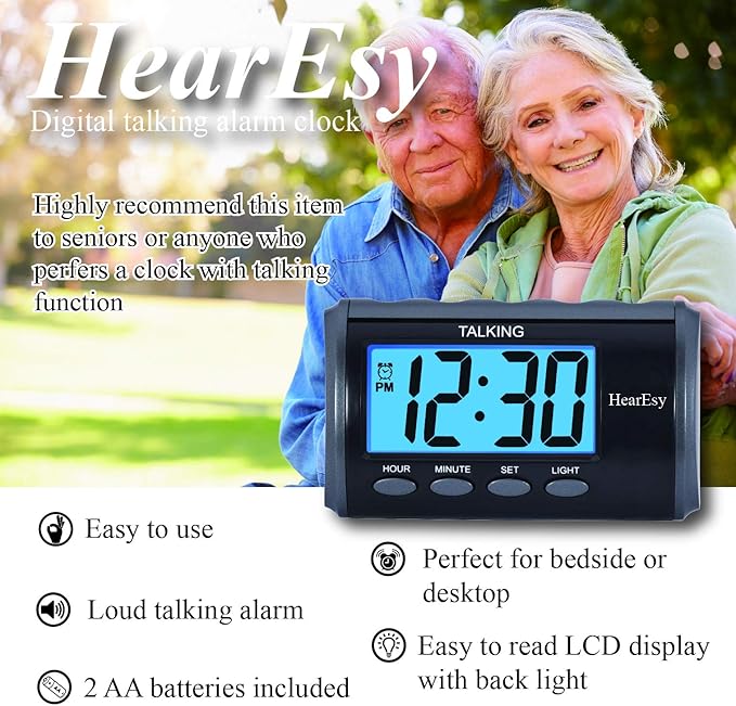Talking Alarm Clock for Visually Impaired - Large Numbers Desk Clock - Day Clock for Seniors - Battery Operated Large Display Alarm Clock, Digital Clock, Digital Alarm Clock (silver)