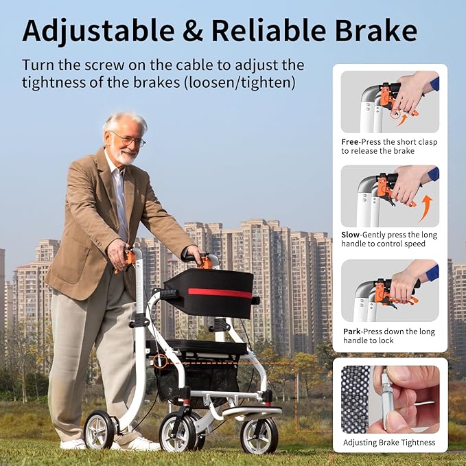 Nihhcune 4-in-1 Mobility Wheelchair Combination, No Installation Design, Walkers for Seniors, Foldable Walker with Seat, Rollator Walker with Durable Aluminum, Ergonomic Design Rolling Walker, White