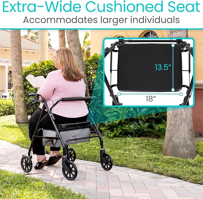 Vive Bariatric Rollator Walker for Seniors - 500 lbs Capacity - Rolling Walker with Seat Lightweight Easy Folding - Mobility Aids & Equipment - Adult Heavy Duty 4 Wheel Rollator with Brakes (Black)