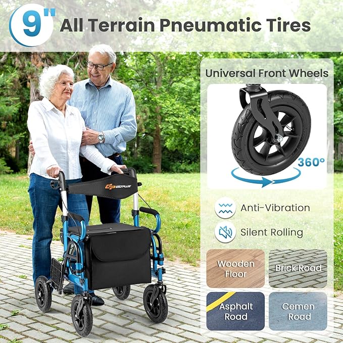 Goplus Walkers for Seniors with Seat, 2 in 1 Folding Rolling Rollator Walker & Wheelchair Combo with Brakes, 9" Pneumatic Tires for All Terrain, Aluminum Adult Mobility Walking Aid
