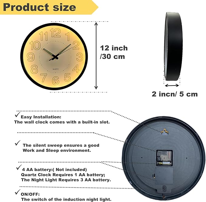 12 Inches Night Light Wall Clocks - with Silent Non-Ticking Glowing Function - Big Solid Numbers Easy to Read Both Day and Night (White/Black)