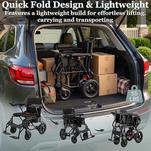 15 Miles Foldable Electric Wheelchair with 500W Brushless Motors, Motorized Wheelchair with 12AH Lithium Battery, 12" Rear Solid Tires, for Adults Seniors