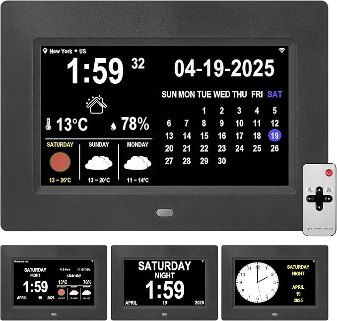 Digital Alarm Clock, Multiple Alarm Functions, Clock with Date and Day, Digital Alarm and Electronic Calendar for Seniors (White, 7 inch) (7-inch Black WiFi)