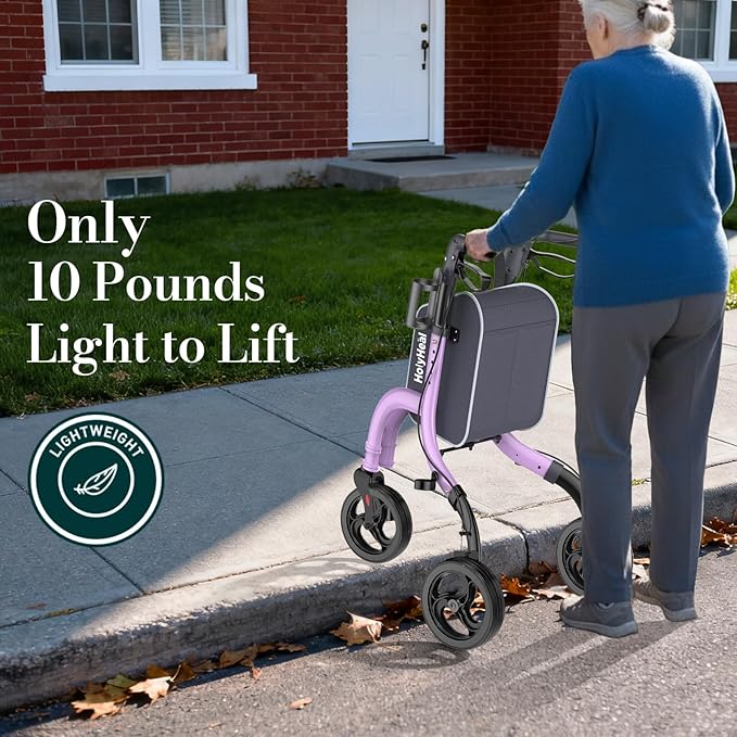 3 Wheel Walkers for Seniors, Lightweight Rollator Walkers Foldable for Elderly with Cane Hold and Cup Hold, Height Adjustable Aluminum Three Wheel Rolling Walker Mobility Aid, Purple
