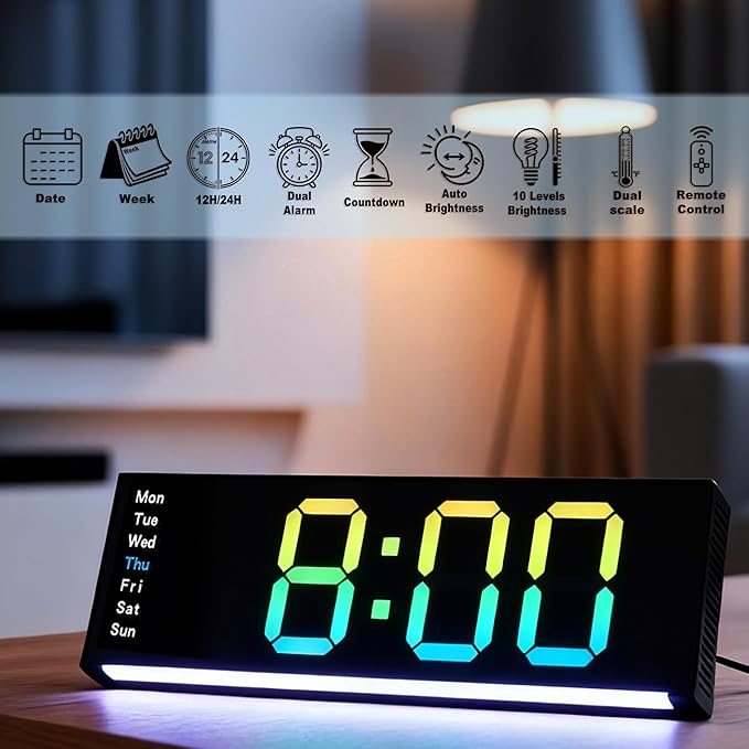 11 Inch LED Wall Clock with RGB Flowing Light | Large Digital Display with Date, Temperature, Dual Alarm, Countdown Timer, Remote Control | Silent Wall or Desk Clock for Home,Office,Living Room,Yoga