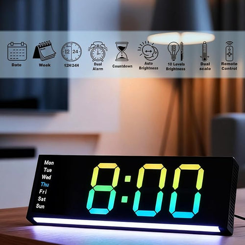 11 Inch LED Wall Clock with RGB Flowing Light | Large Digital Display with Date, Temperature, Dual Alarm, Countdown Timer, Remote Control | Silent Wall or Desk Clock for Home,Office,Living Room,Yoga