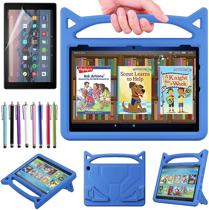 Case for Amazon Fire HD 10 Tablet 10.1" Inch Display (13th Generation, 2023 Released) - Lightweight Shockproof Kickstand Handle Kids Cover Case + 1 Screen Protector and 1 Stylus (Blue)