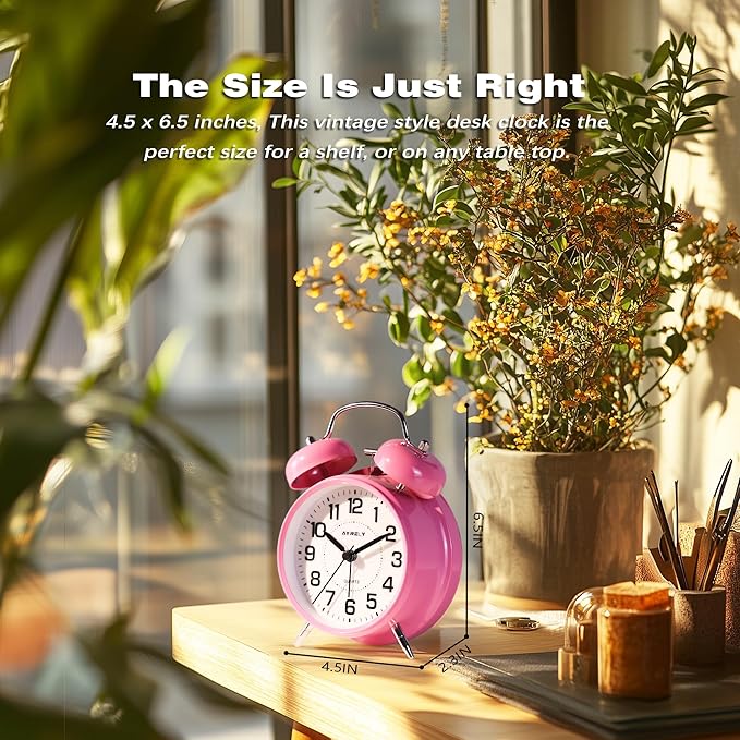 AYRELY® Super Loud Twin Bell Alarm Clock for Heavy Sleepers, 4-Inch Silent Non-Ticking Quartz with Backlight, Metal Cute Clock for Kids' Rooms (Pink)