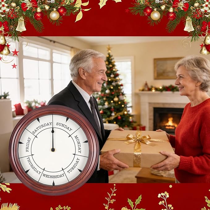 Day of The Week Clock Retirement Wall Clock with Wood Frame Day Wall Clock for Men Women (Dark Reddish Brown, 12 Inch)