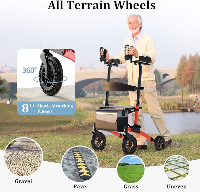 Nihhcune Upright Shopping Cart for Seniors & Adults, All-Terrain Rolling Cart with Padded Seat & Backrest, Heavy Duty Compact Folding Utility Cart with Big Wheels and Adjustable Handle, 300lb Capacity
