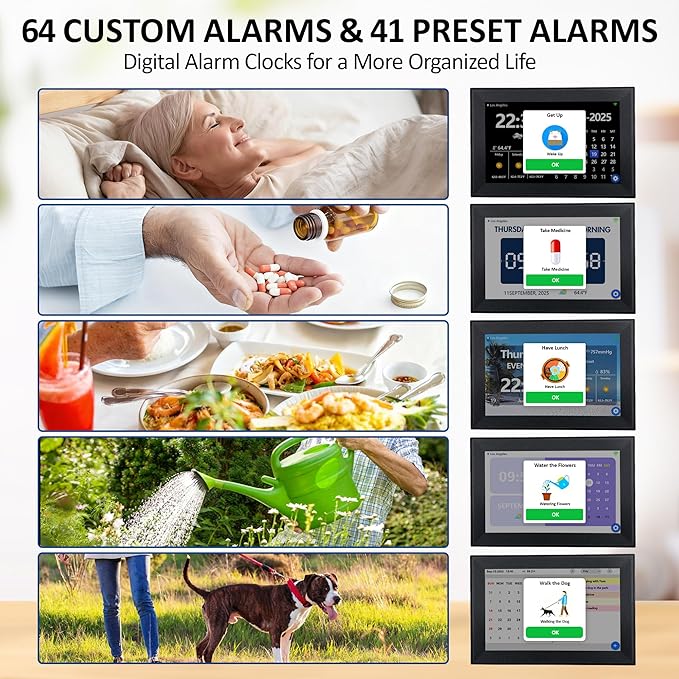 WiFi Smart Digital Clock with Weather and Temperature,with Date and Day of Week for Elderly,64 Alarms, Digital Calendar & Schedule Reminders (10.1" Black)