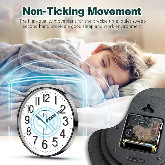 GLVSAE Wall Clock 12 Inches Non-Ticking Wall Clocks Battery Operated Large Easy to Read with Stereoscopic Dial Ultra-Quiet Movement Quartz for Office Classroom School Home Bedroom Kitchen