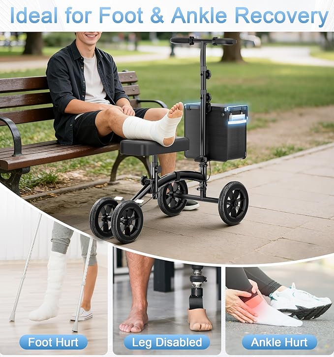HOMLAND Knee Scooter Walker for Adults Foot Injuries Ankle Surgery, Foldable Steerable Leg Scooters with Dual Handbrake, Height Adjustable Handle & Knee Pad, Removable Storage Bag, 300 lbs Capacity