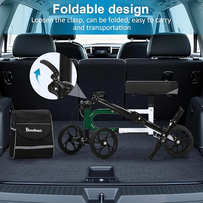 BlessReach Knee Scooter Steerable Knee Walker for Foot Injuries Compact Crutch Alternative with Dual Braking System (Green)