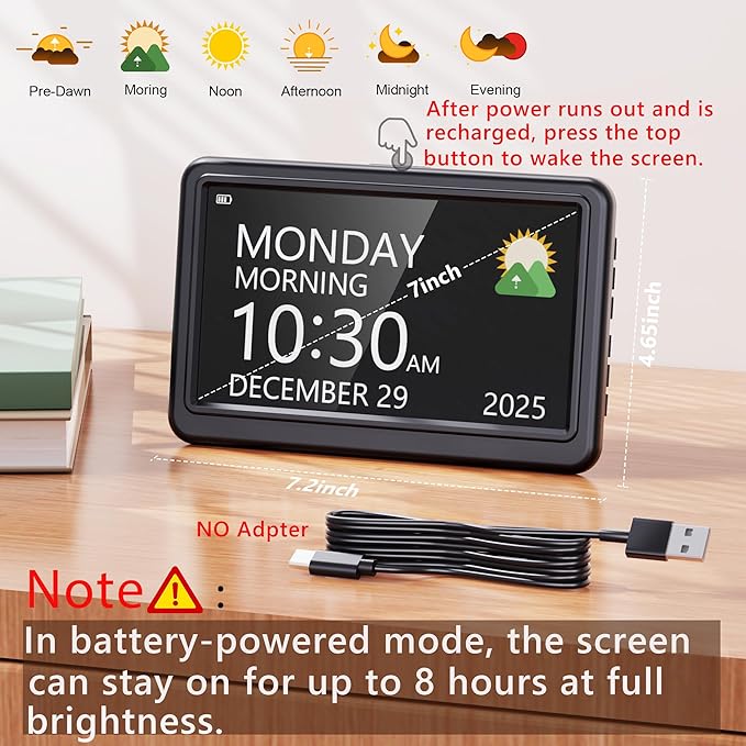 Rechargeable Digital Calendar Alarm Clocks for Senior, 7" Clock with Day and Date for Elderly, 20 Reminders & Alarms, Auto Dimmer/DST, 12 Themes, 18 Ringtones for Dementia Memory Loss, 1024*600 HD