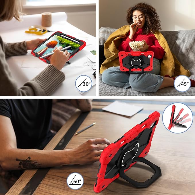 Dteck for iPad Pro 11 inch (M4/M5) 2024/2025 Release Shockproof Case with Shoulder Strap/Pencil Holder/Rotating Kickstand Handle, Heavy-Duty Sturdy Rugged Cover, Protective Tablet Shell, Black Red