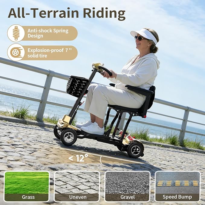 Mobility Scooter for Adults, Seniors - 37.5 lbs Ultra Lightweight Folding Mobility Scooters for Seniors Airport Approved, All Terrain 4 Wheel Motorized Scooter with Storage Bag for Travel, Gold