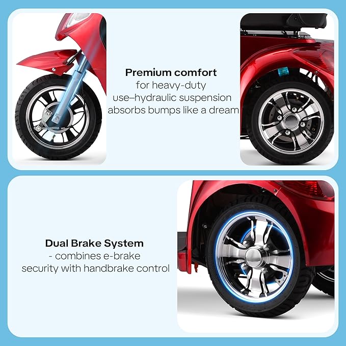 Super Large Electric 3 Wheel Mobility Scooters, 800W Wheelchair Device, 500 LBS Capacity Electric Wheelchair for Seniors & Adults, Speed Adjust, Remote Key, Receive Ready to Ride (RED RED)