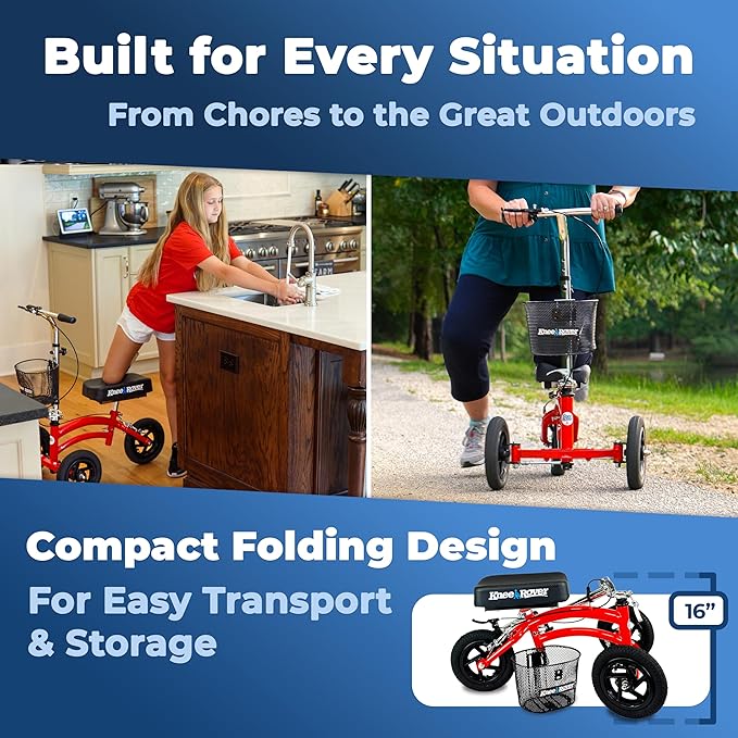 KneeRover Jr All Terrain Knee Scooter for Kids and Small Adults for Foot Surgery Heavy Duty Knee Walker for Broken Ankle Foot Injuries Recovery - Leg Scooter Knee Crutch Alternative (Red)