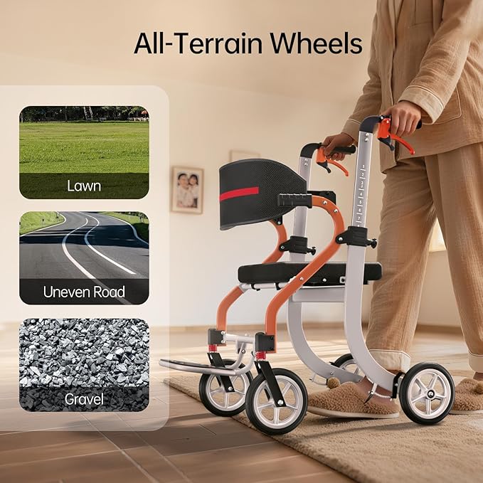 2 in 1 Walker Wheelchair Combo, Foldable Rollator Walkers for Seniors with Seat, Lightweight Rolling Walker with Height Adjustable, Easy Storage & Travel Walker Chair, No Installation, Orange