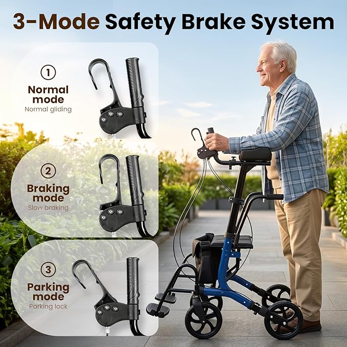 Upright Walkers for Seniors 450 lbs Capacity, 22 lbs Foldable Lightweight Walkers for Seniors with Seat, Armrest and Pedal, Height Adjustable Rollator Walker with Seat for Travel & Gift (Blue)