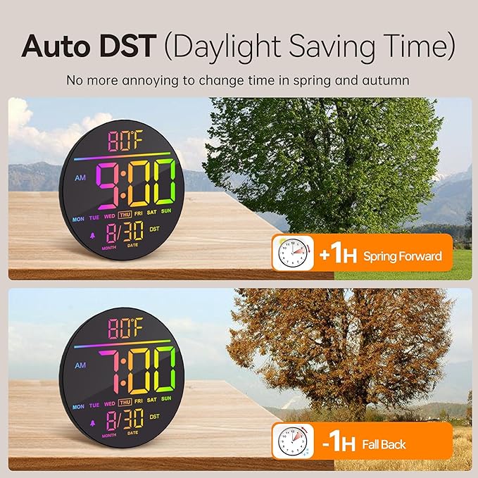 JALL 10" Large Digital Wall Clock with Seconds, Alarm Countdown Timer, Big LED Display, RGB Color, DST, Temperature, Mounted for Bedroom Living Room Office Classroom Gym, Xmas Birthday Gift, White