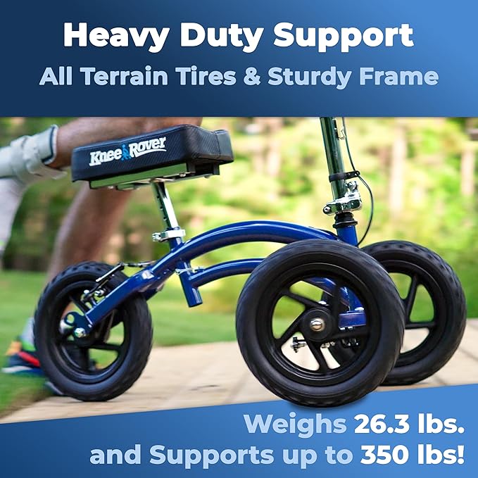 KneeRover Original Steerable All Terrain Knee Scooter – Heavy Duty Foldable Knee Walker & Mobility Aid for Adults with Adjustable Handlebar and Large Wheels (Blue)