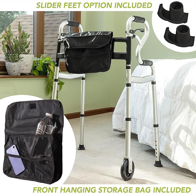 Darza R-Style Narrow Walkers with Storage Bag - Width Height Adjustable Walker, Lightweight Folding Walkers for Seniors Handicapped & Disabled, Up to 350 lbs