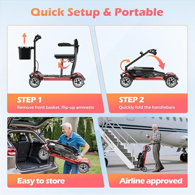 Lightweight Mobility Scooter for Adults & Seniors - Cruise & Airport Approved, 43lb Foldable Portable Motorized Scooters with Dual Lithium Batteries for 30.4 Miles Travel, 300lb Capacity, Red