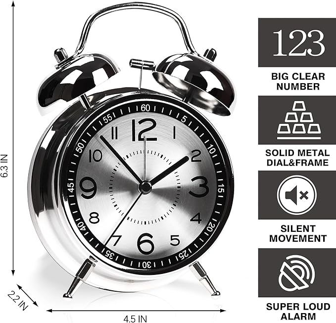 AYRELY Super Loud Alarm Clock for Heavy Sleepers Adults,Twin Bell Retro 4 Inch Silent Non-Ticking Quartz with Backlight, Metal dial, Alarm Clocks for Bedrooms Bedside (Gray)