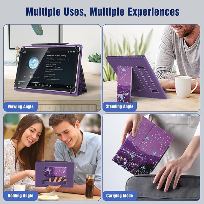 TiMOVO Universal Case for 10.1 Inch Android Tablet with Pen Loop, Lightweight Folding Stand Cover with Hand Strap for All 9.6"-11" Touchscreen Tablet, Butterfly & Starry Sky