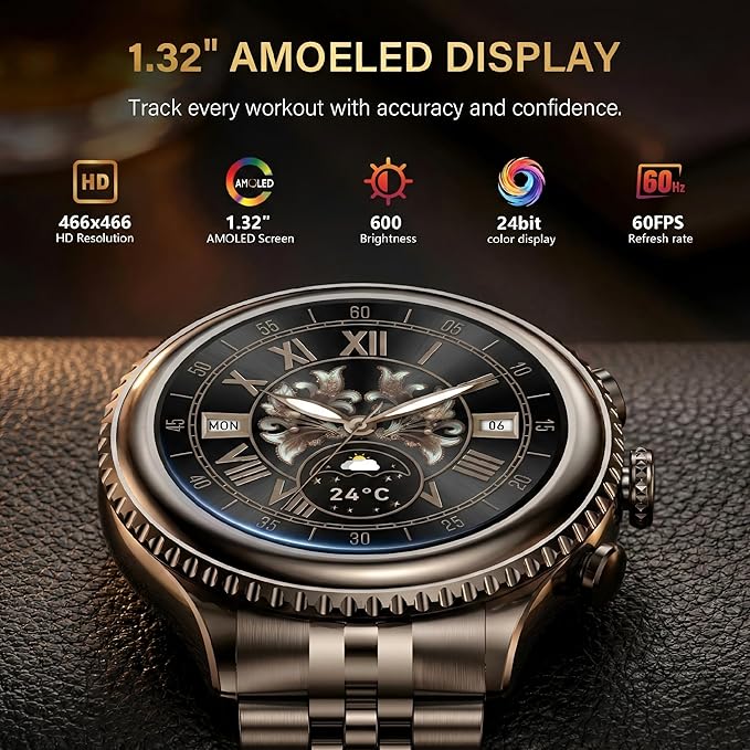 2026 Rotating Bezel Smart Watch for Men with Bluetooth Call, Heart Rate, Blood Pressure, SpO2, Sleep Monitor, Waterproof Round Watch with Encoder Knob, 1.32" AMOLED Display, Compatible Android and iOS