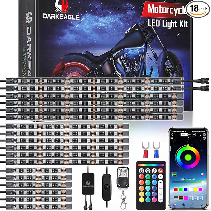 18PCS Motorcycle RGB LED Light Kit with Brake Turn Signal, Multicolor Underglow Lights with APP/RF Remote, Neon Accent Lights Dual Zone Waterproof 12V for Touring, Bagger & Large Cruiser Motorcycle