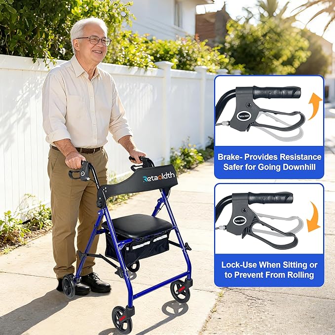 Rollator Walkers for Seniors with Seat, Foldable & One-Hand Carry, Upgraded Rolling Walker with Seat for Seniors, Handles Height Adjustable Rolling Walker for Seniors, Walking & Seated Rest, Blue